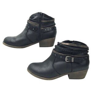 POP Ankle Boots Earnest Womens 9.5 M Side Zip Strappy Black Booties Faux Leather